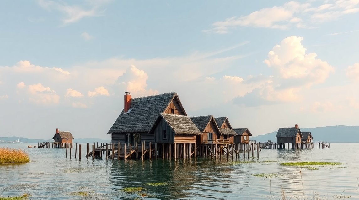 Cölöpházak a Bódeni-tó partján az Unteruhldingen Pfahlbau múzeumban.