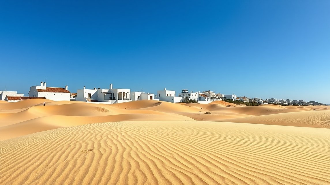 Conil de la Frontera fehér falujának háttérben aranyhomokos dűnék