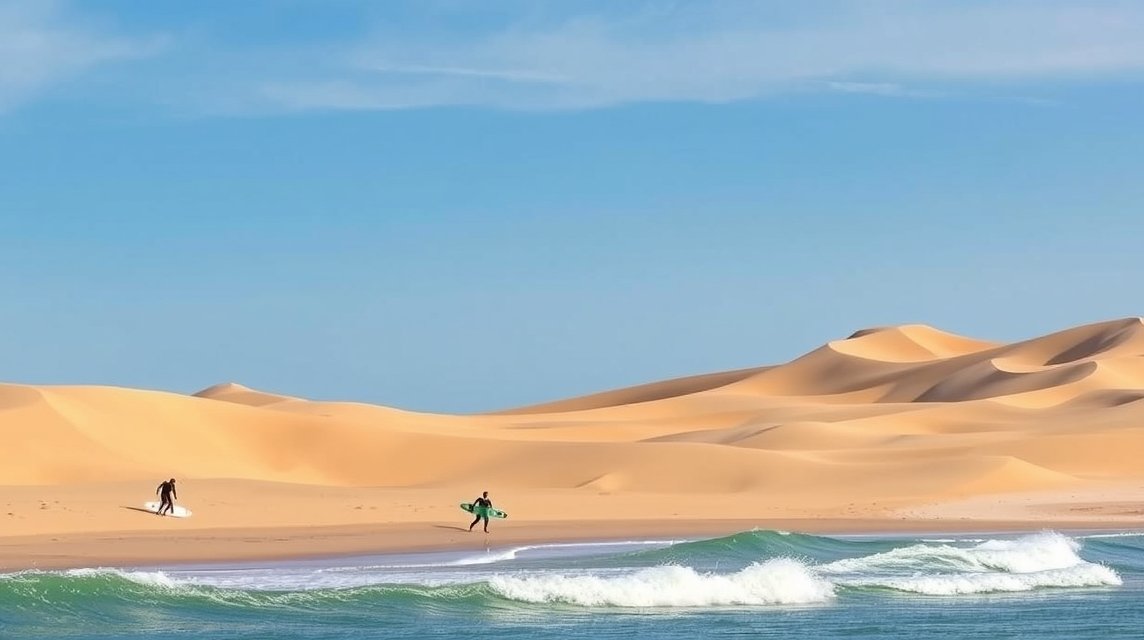 Szörfösök a Nagy Dűnék Nemzeti Park partján, Corralejó, Fuerteventura