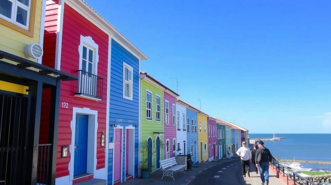 Costa Nova csíkos halászházai tengerparti sétányon Aveiróban