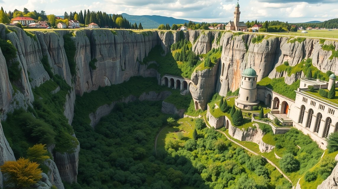 A Creux du Van természeti amfiteátruma sziklákkal és zöldellő növényzettel.