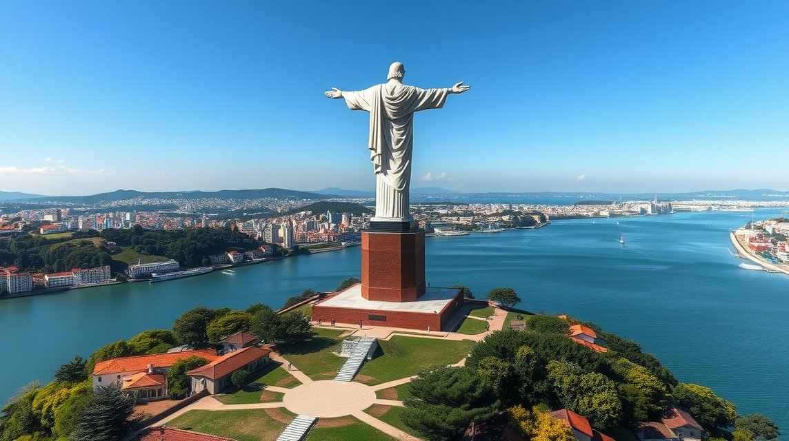 Cristo Rei szobor a Tejo folyó felett, gyönyörű kilátással Lisszabonra