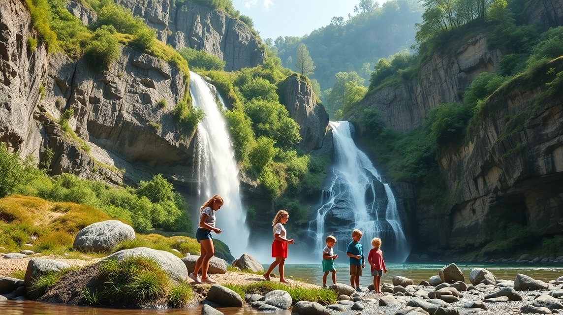 Hét Létra-kanyon: Családi kaland a vízesések mellett Brassó közelében 1 Gyerekek felfedezik a Hét Létra-kanyont Brassó mellett, vízesések háttérrel.
