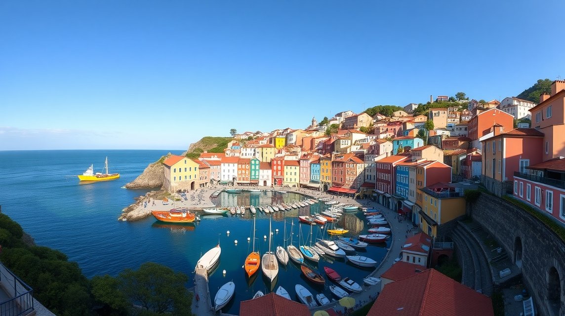 Cudillero halászfalu festői kikötője Asztúriában színes házakkal