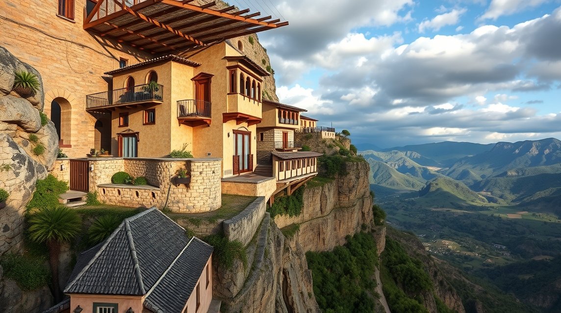 Függőházak Cuencában, Spanyolországban, amelyek sziklafalra épültek.