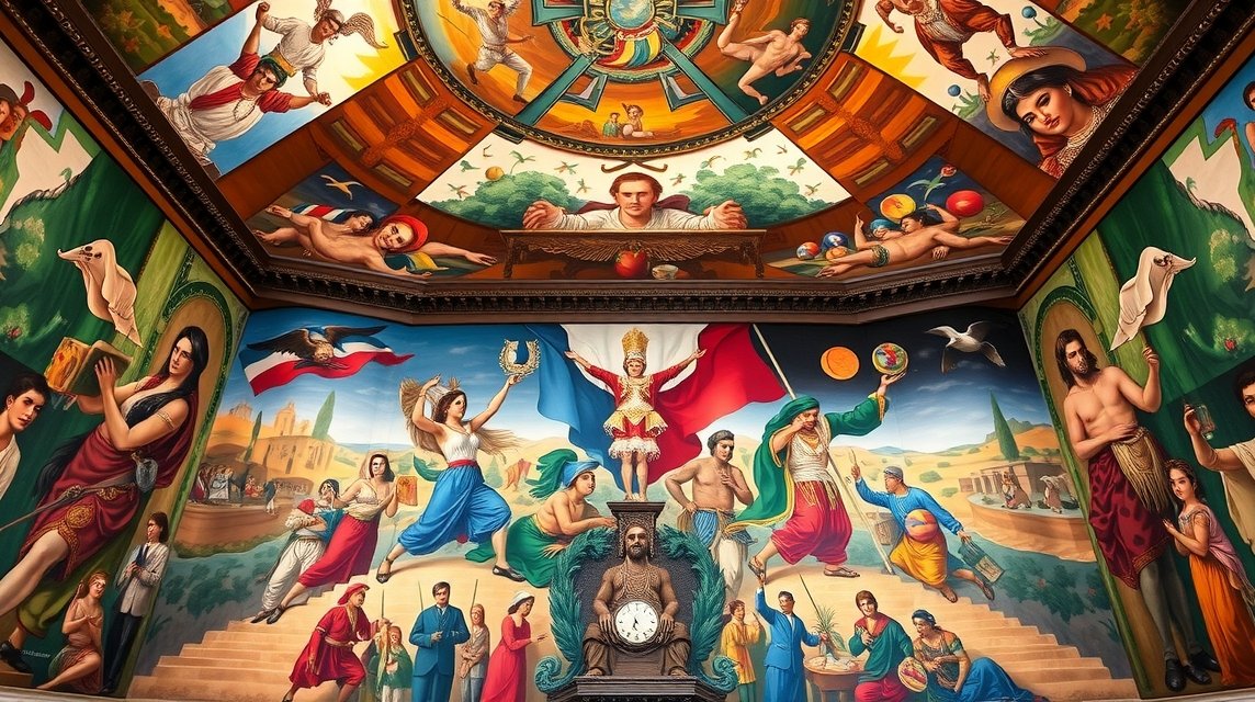 Diego Rivera freskók a Mexikóvárosi Nemzeti Palotában, művészet és történelem.