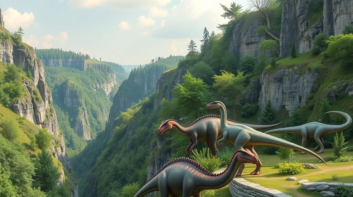 Dinoszauruszok a Teufelsschlucht kanyonban, Eifel közelében.