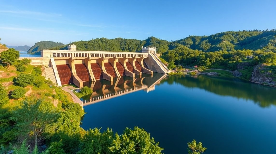 A Djerem folyó gátja Tibatiban, békés víztükör és hegyi panoráma