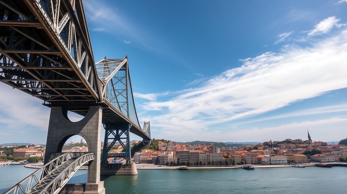 A Dom Luís I híd és a Ribeira kilátás Portóban, Portugáliában.