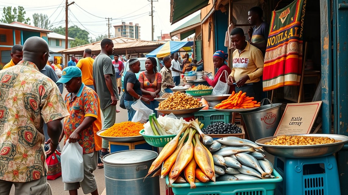 Friss halak és zöldségek a doualai piacon, autentikus kameruni hangulatban.