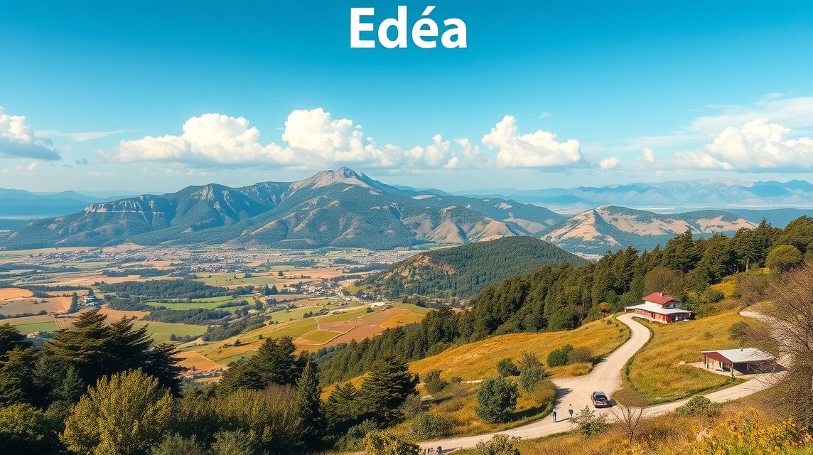 Látkép Edéa városáról, Kamerun zöld dombjaival és hegyvonulataival.