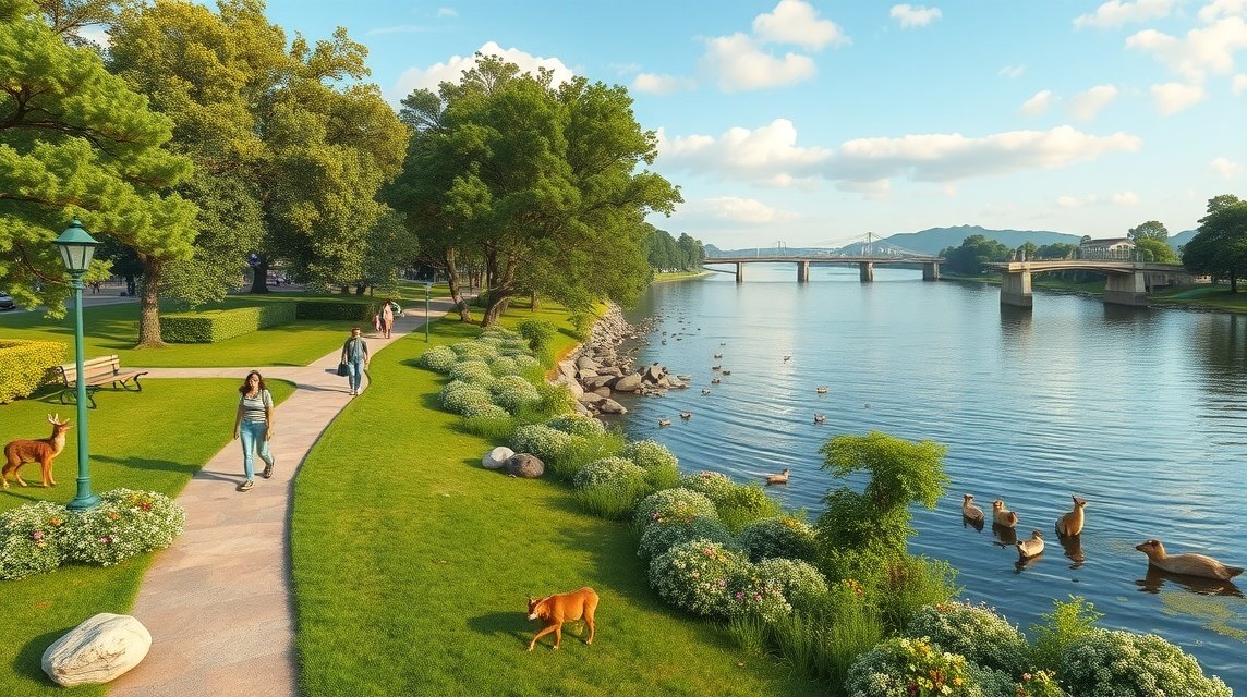 Séta a Sanaga partján, gyönyörű tájban helyi állatokkal és pihenő emberekkel.