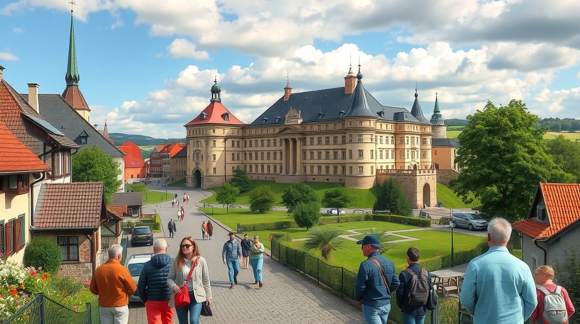 Hillerød városa és a Frederiksborg-kastély sétálókkal az úton