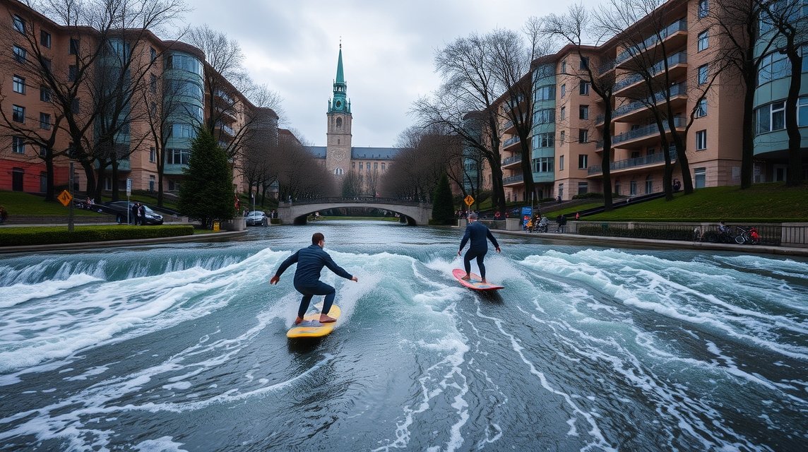 Szörfösök az Eisbach-hullámban München belvárosában.