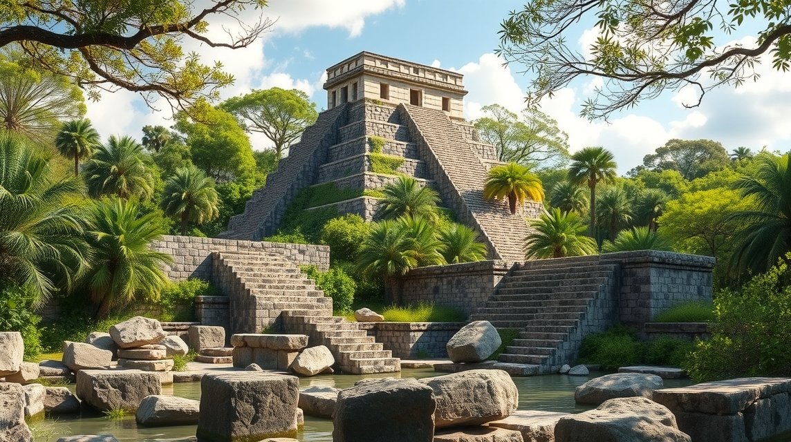 El Rey maja romjai Cancúnban, iguanákkal és pálmákkal körülvéve.