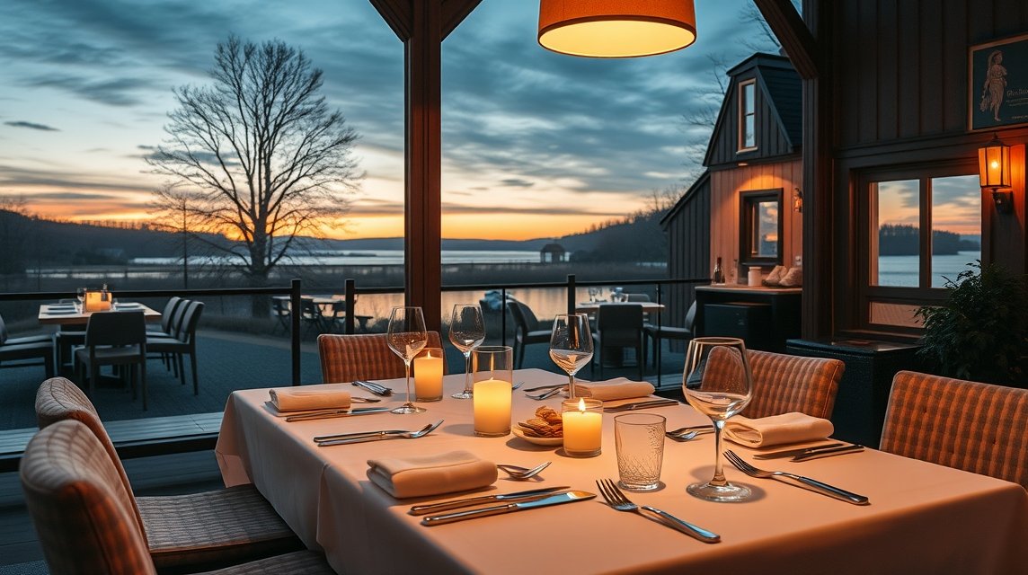 Elegáns étterem a Schackenborg Slotskro fogadóban, gyönyörű naplementével.