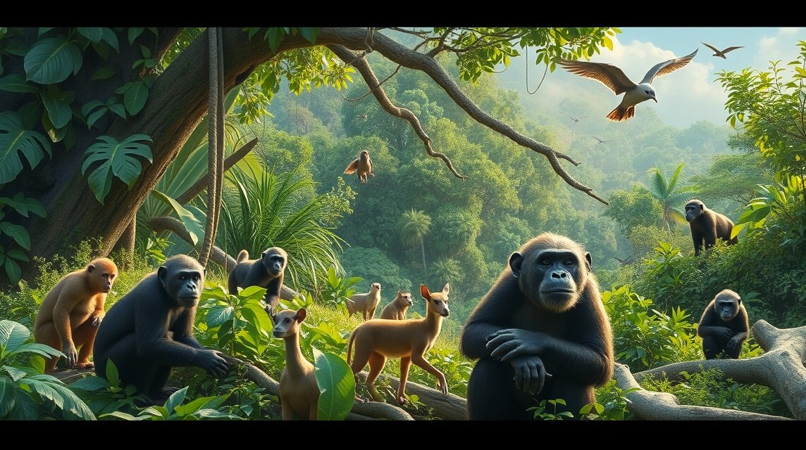 Emberszabásúak a Bélabo vadvilágában, trópusi dzsungelben.