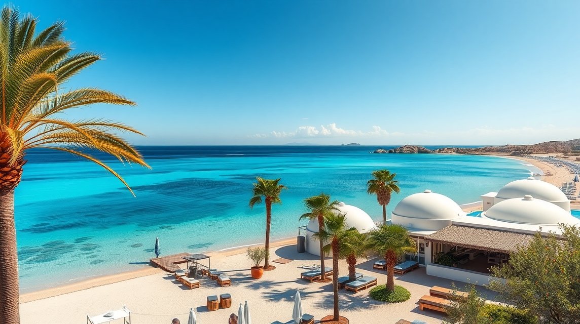 Karibi kék víz és pálmafák Es Pujolsban, Formentera