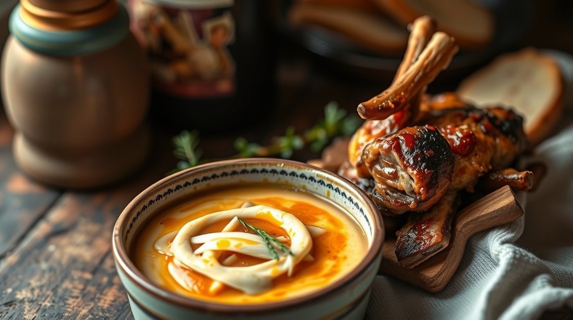 Füstös alentejoi sertéshús és fokhagymás kenyérleves Évorából