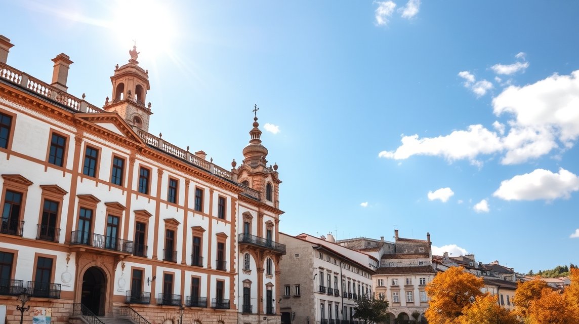 Évora városképe napfényben, gyönyörű épületekkel és kék éggel.