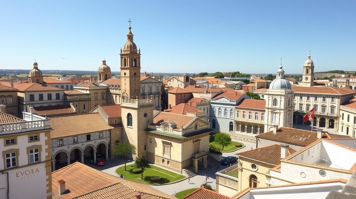 Évora történelem - Miért világörökség a teljes belváros? 1 Évora városközpontjának lélegzetelállító látképe, történelmi épületekkel.