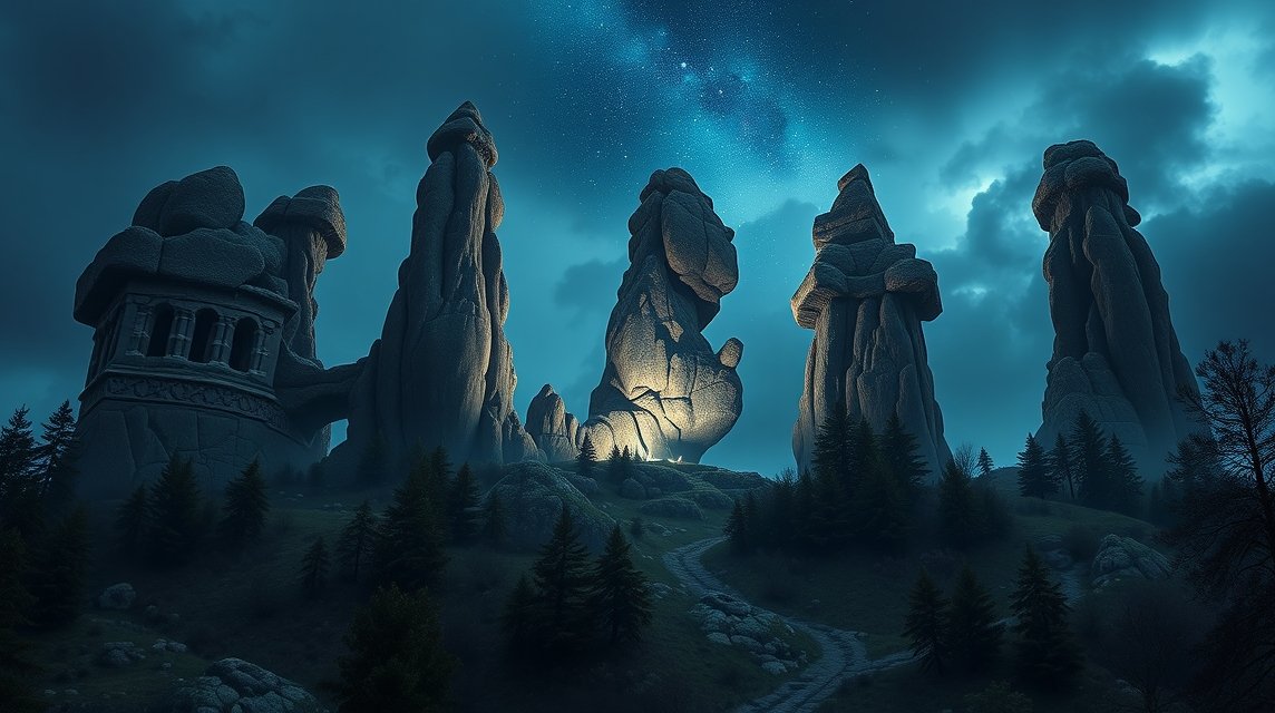 Externsteine sziklák éjszakai képe csillagok alatt