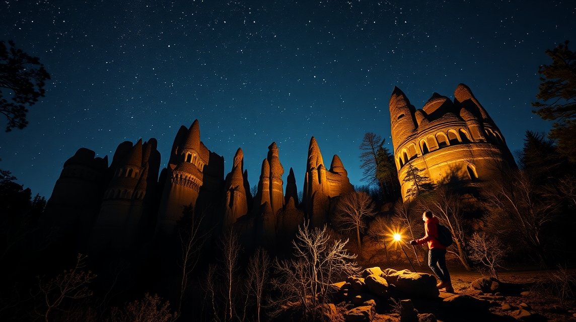 Fáklyás túra az Externsteinenél a Teutoburgi-erdőben, csillagos ég alatt