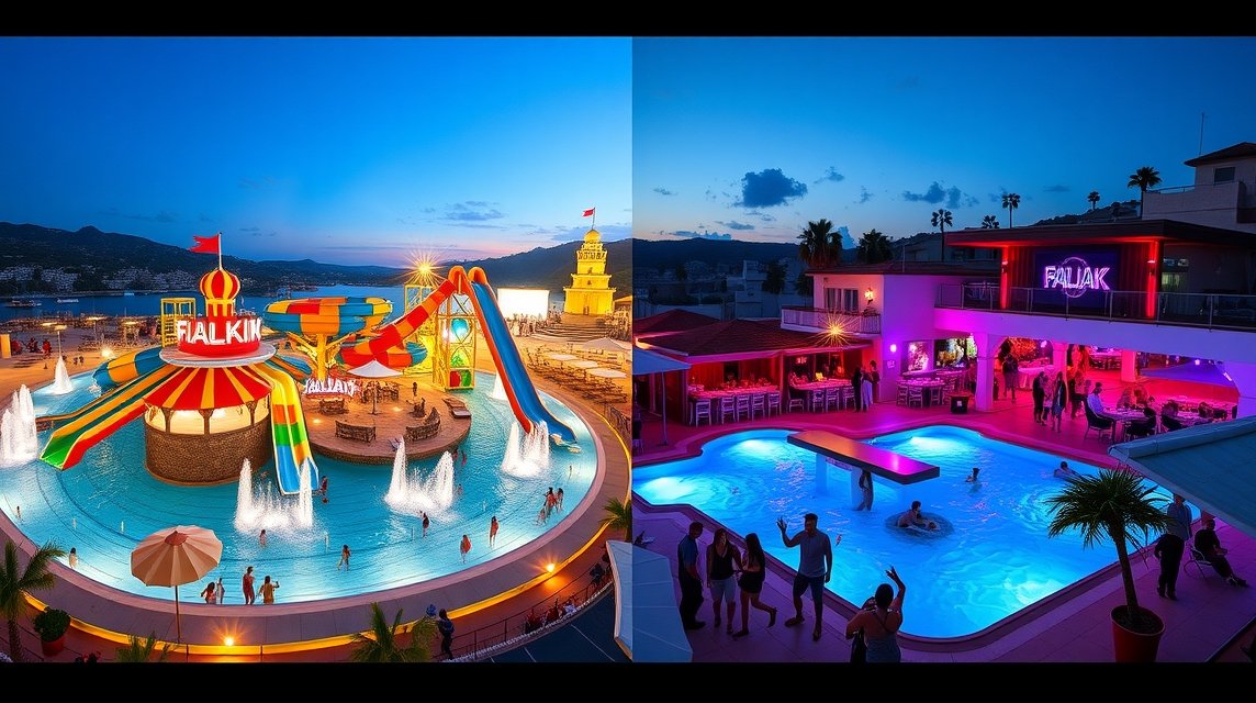 Faliraki aquapark és éjszakai élet tájképe Rodoszon