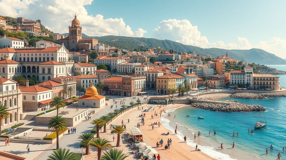 Faro hangulat - Egyetemváros vs. turistaparadicsom 1 Faro város látképe a tengerparton, napfény, emberek és pálmafák