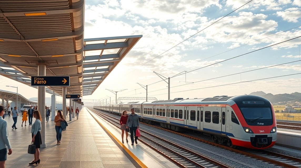 Faro pályaudvar, vonat és utasok az Algarve régióban Portugáliában.