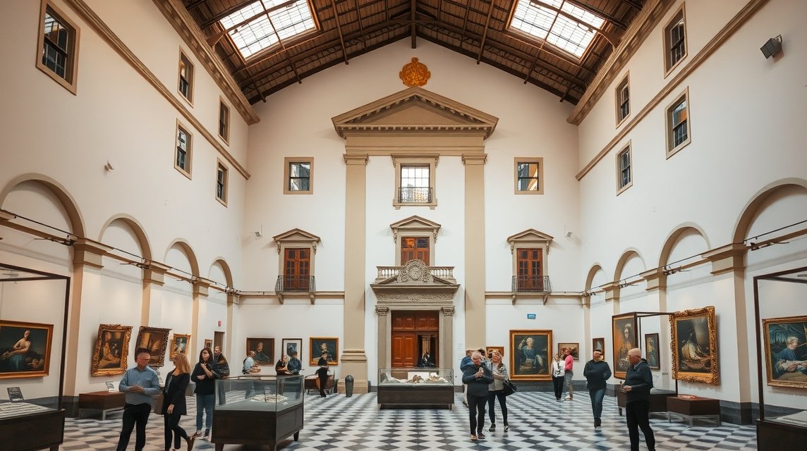A Városi Múzeum belső tér, festmények és látogatók
