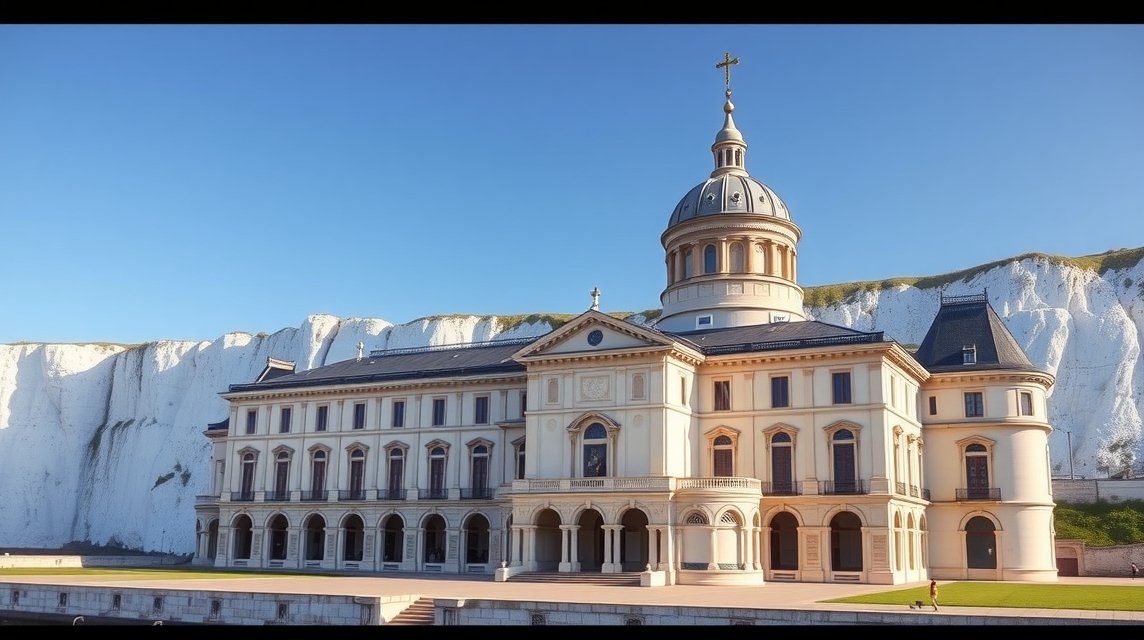 A Bencés-palota Fécamp fehér sziklái előtt