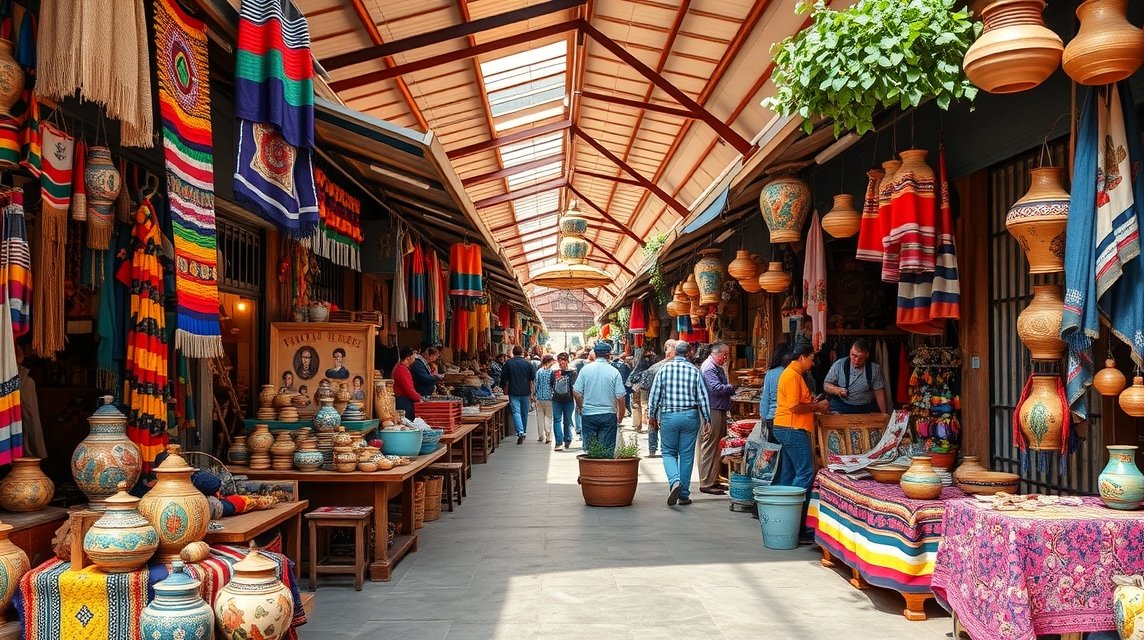 A Benito Juárez piac színes kézműves termékei és vásárlók Mexikóban