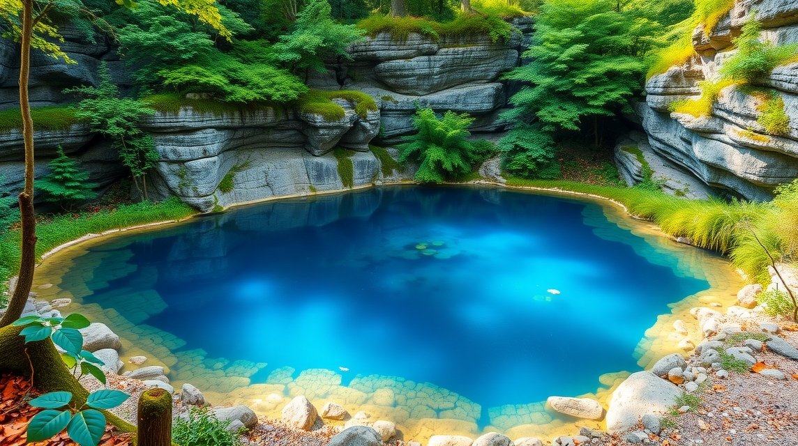 Blautopf kék forrás Blaubeurenben, lenyűgöző természeti látványosság.