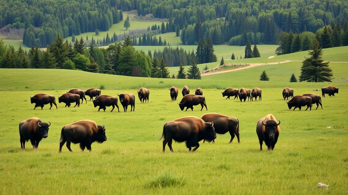Bölénycsorda a Bornholmi Bölényerdőben, Aakirkeby közelében