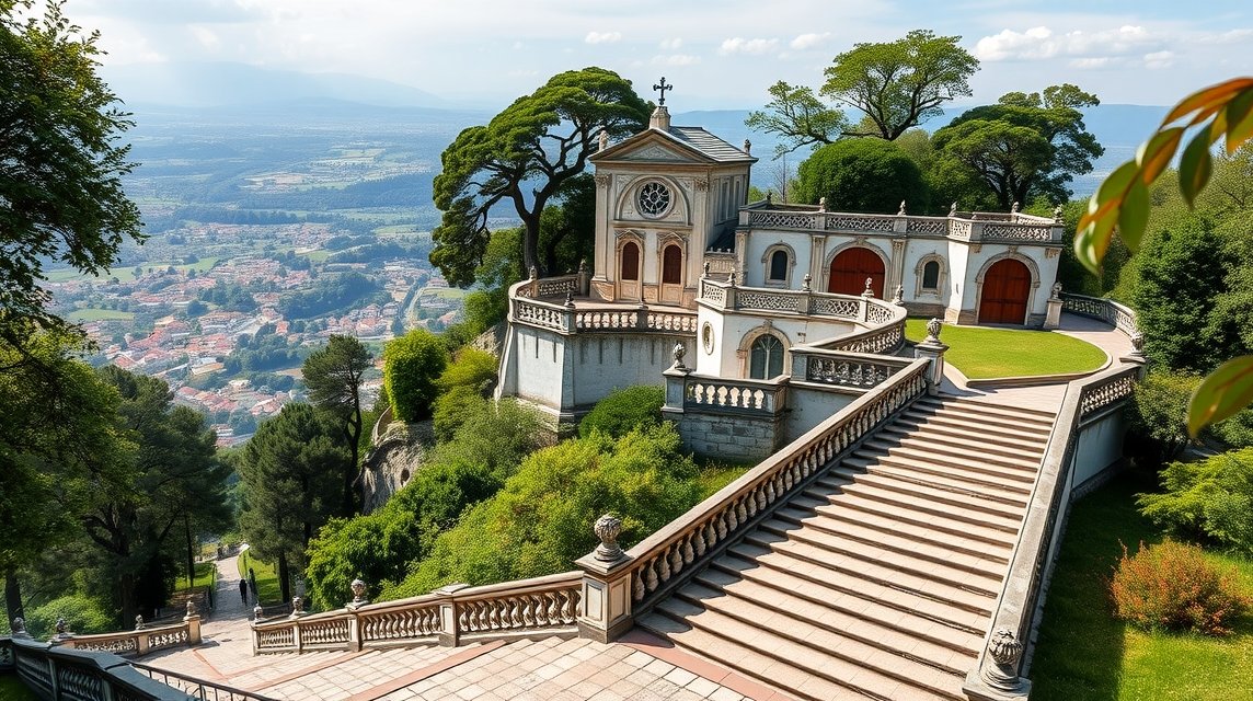 A Bom Jesus do Monte barokk kegyhely lépcsősora és kilátás Braga fölött.