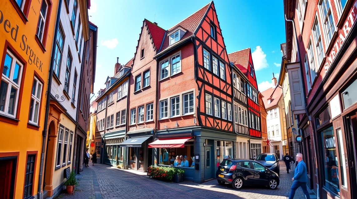 Középkori Schnoor negyed Bremenben, színes házak és szűk utcák.