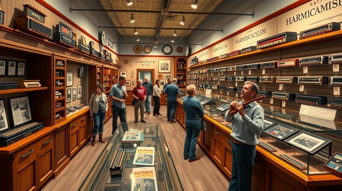 Brovst Harmonikamúzeuma interaktív kiállítással és látogatókkal.