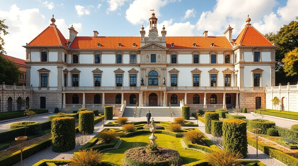 A Cadaval hercegi palota Évorában, gyönyörű kerttel és díszes építészettel.