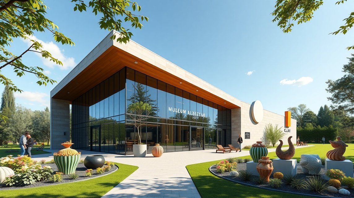 A CLAY Kerámiaművészeti Múzeum épülete Middelfartban, színes kerámiákkal a kertben.