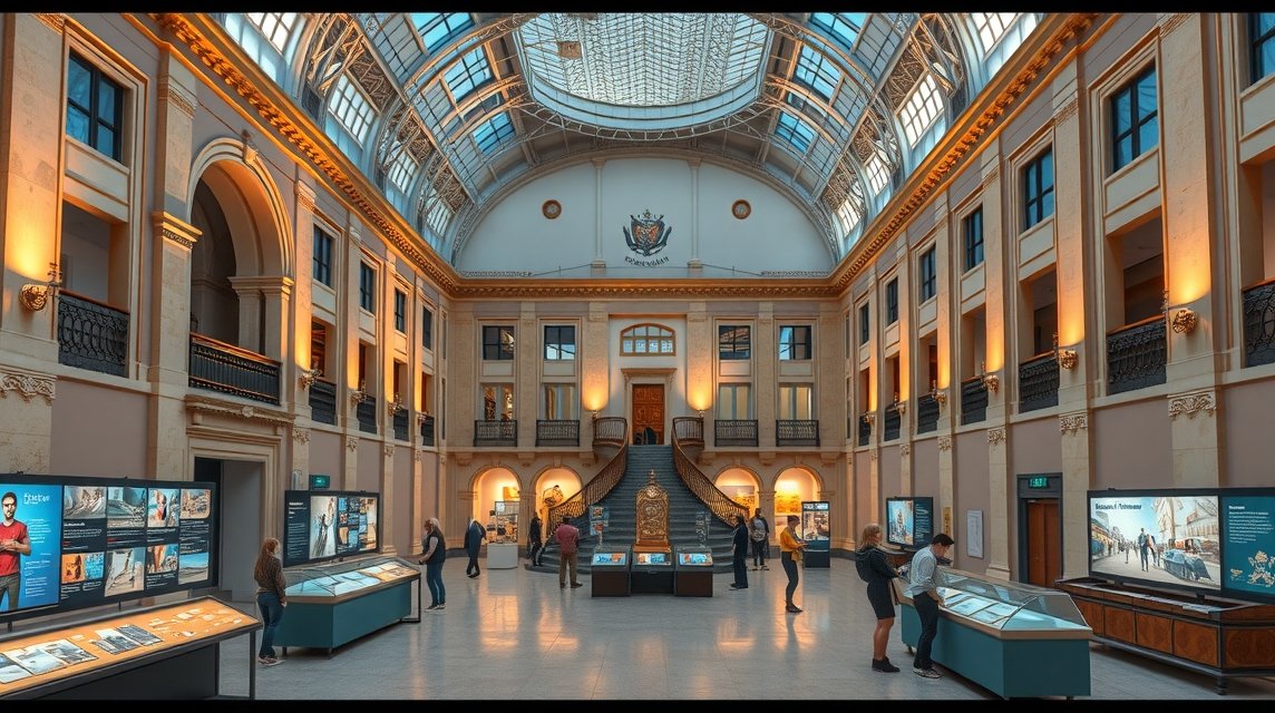 A Coimbra Egyetem Tudományos Múzeuma belső tere interaktív kiállításokkal.