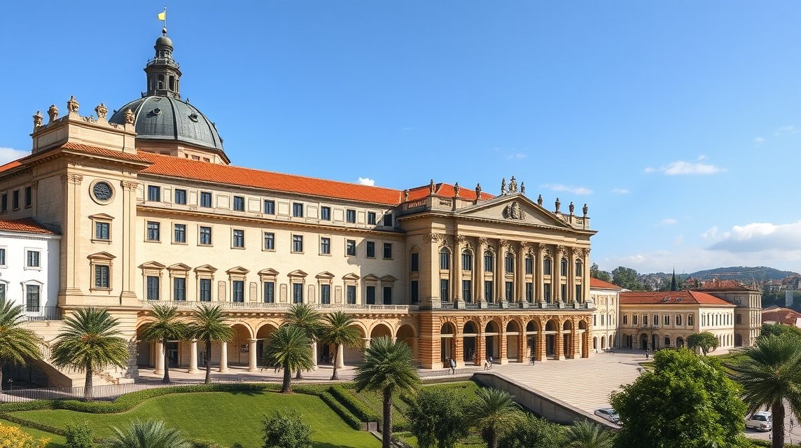 A Coimbrai Egyetem épülete napfényben, gyönyörű stílusban.
