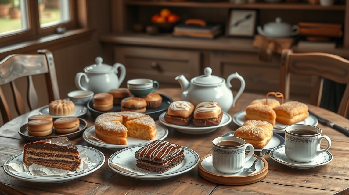 Dél-jütlandi kávéasztal házi süteményekkel és kávéval.