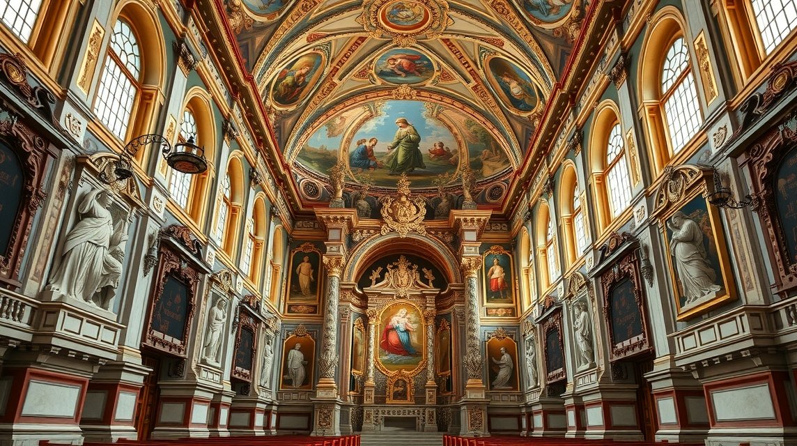 Lamego Desterro templomának barokk belső tere aranyozott oltárokkal.