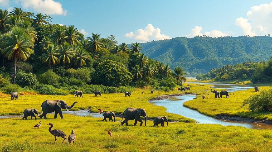 Elefántok sétálnak zöld pázsiton és folyó mellett, trópusi tájban