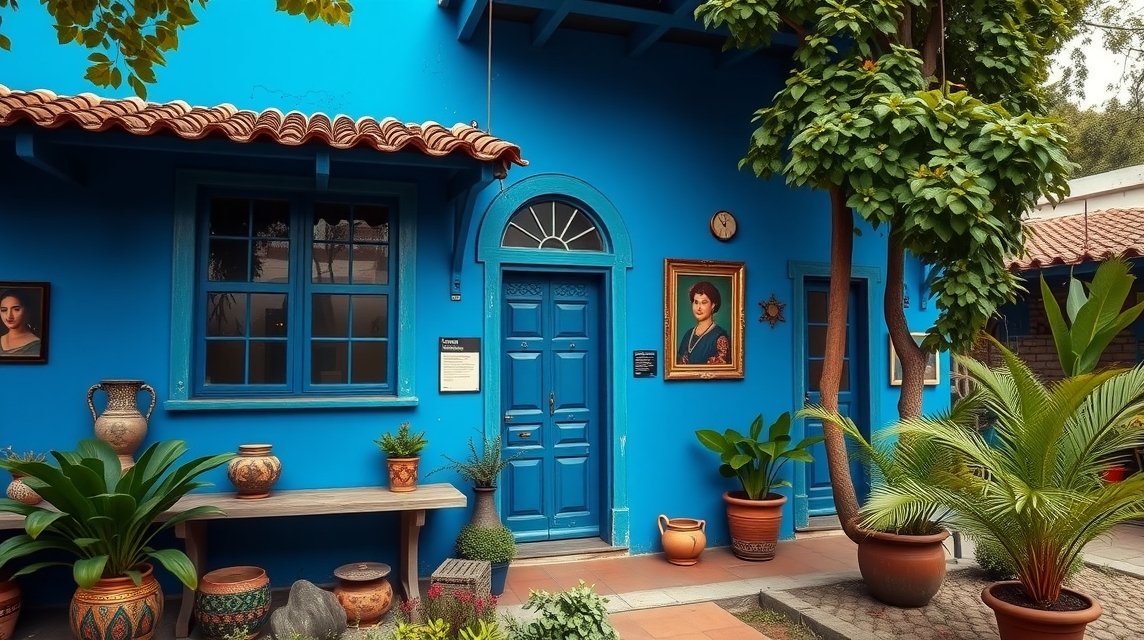 Frida Kahlo Kék Háza Coyoacánban, buja növényekkel és festői kék falakkal.