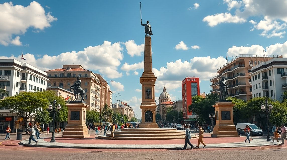 Yaoundé Függetlenség tere emlékművei és helyi élet