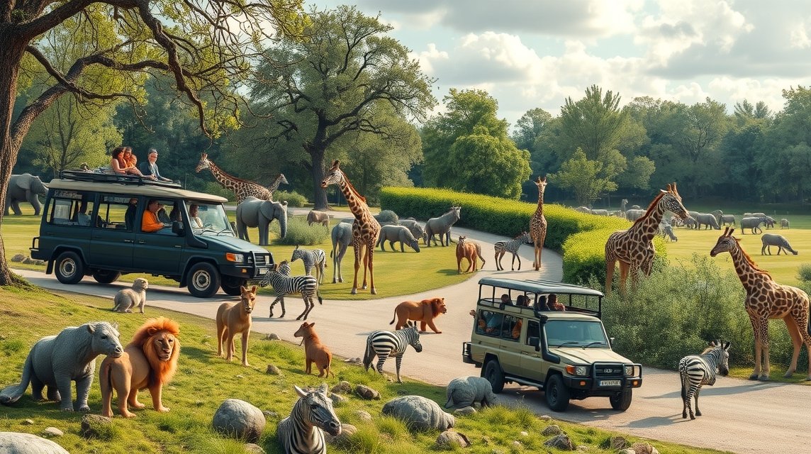 Autós szafari a Givskud Zoo-ban Billund közelében, sokféle állattal.