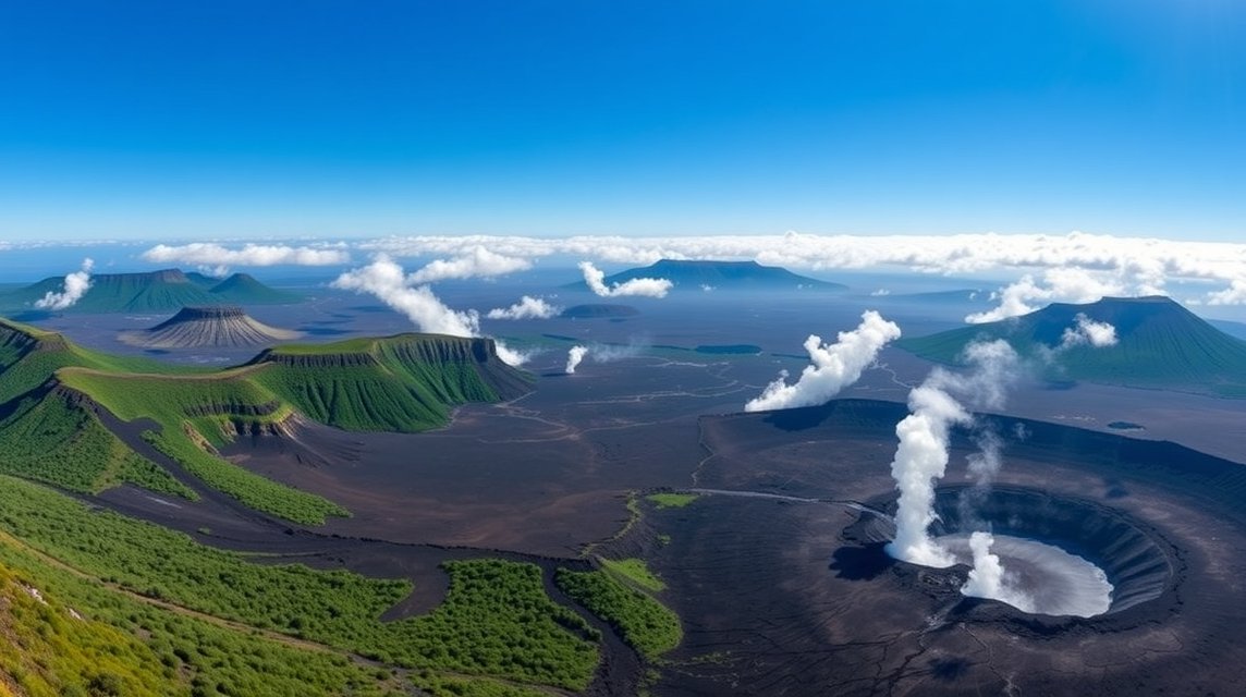 Panoráma a Hawaii Vulkánok Nemzeti Park gőzölgő lávamezőiről.