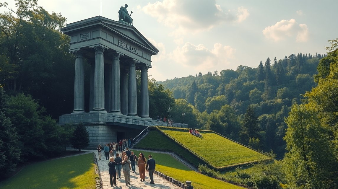 Hermann-emlékmű séta a Teutoburgi-erdőben, látogatókkal